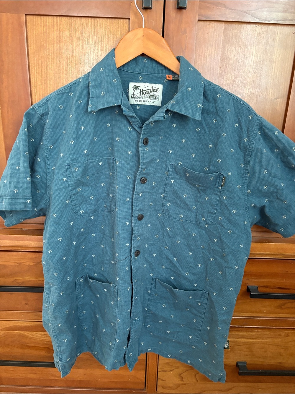 Howler Brothers Teal Short-Sleeve Button-Down Shirt with Micro Palm Print